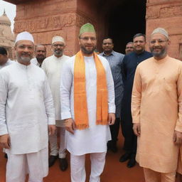 Asaduddin Owaisi, wearing a traditional dhoti-kurta, visiting the Ram Mandir, symbolizing cultural unity.