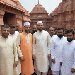 Asaduddin Owaisi, wearing a traditional dhoti-kurta, visiting the Ram Mandir, symbolizing cultural unity.