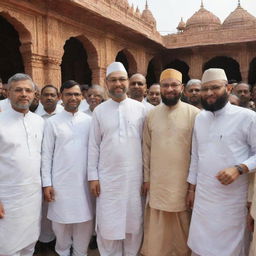 Asaduddin Owaisi, wearing a traditional dhoti-kurta, visiting the Ram Mandir, symbolizing cultural unity.