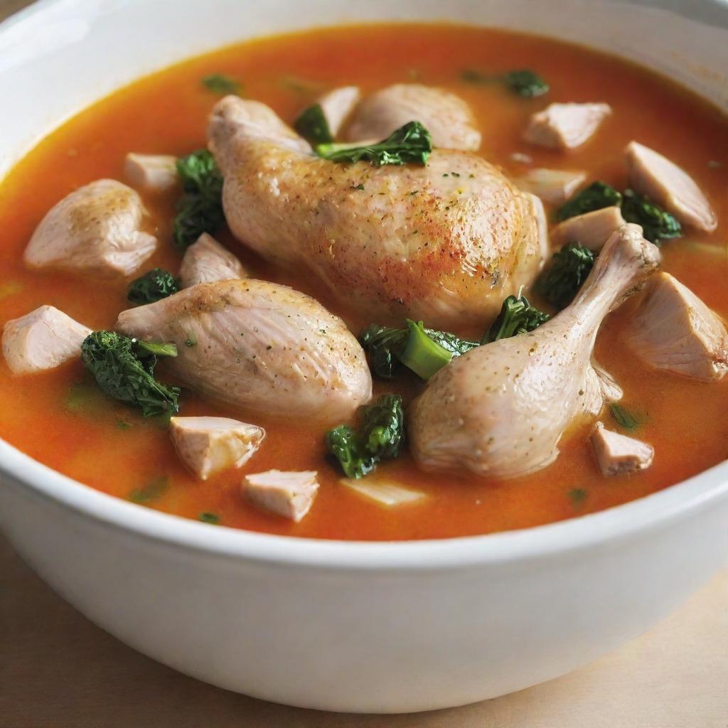 Modify the image to add a bowl of steaming, delicious soup in front of the lively, argumentative chicken.