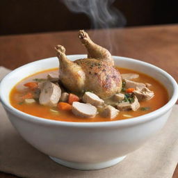 Modify the image to add a bowl of steaming, delicious soup in front of the lively, argumentative chicken.