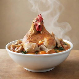 Modify the image to add a bowl of steaming, delicious soup in front of the lively, argumentative chicken.