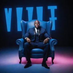 A 3D illusion of WWE superstar Bobby Lashley elegantly sitting on a wingback chair, with a vibrant background showcasing large, capital letters in blue neon light.