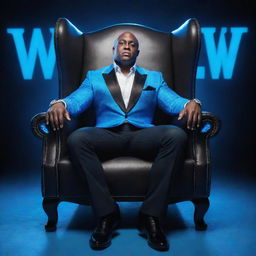 A 3D illusion of WWE superstar Bobby Lashley elegantly sitting on a wingback chair, with a vibrant background showcasing large, capital letters in blue neon light.