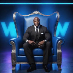 A 3D illusion of WWE superstar Bobby Lashley elegantly sitting on a wingback chair, with a vibrant background showcasing large, capital letters in blue neon light.