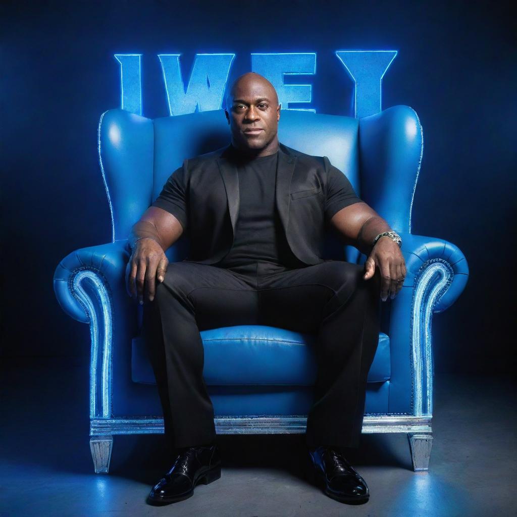 A 3D illusion of WWE superstar Bobby Lashley elegantly sitting on a wingback chair, with a vibrant background showcasing large, capital letters in blue neon light.