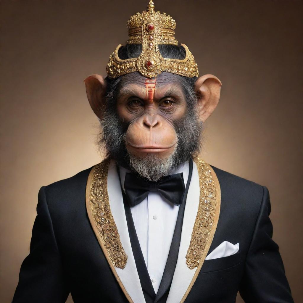 Hanuman, the Hindu deity, elegantly dressed in a sophisticated tuxedo.