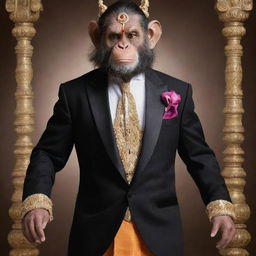 Hanuman, the Hindu deity, elegantly dressed in a sophisticated tuxedo.