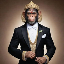 Hanuman, the Hindu deity, elegantly dressed in a sophisticated tuxedo.