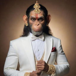 Hanuman, the Hindu deity, elegantly dressed in a sophisticated tuxedo.