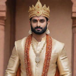 Lord Ram dressed in a modern, stylish suit, maintaining his divine aura