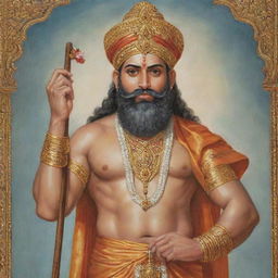 A reverent rendition of Lord Ram, the mythological figure, depicted with a stately beard, adorned in his traditional attire with a bow in hand.