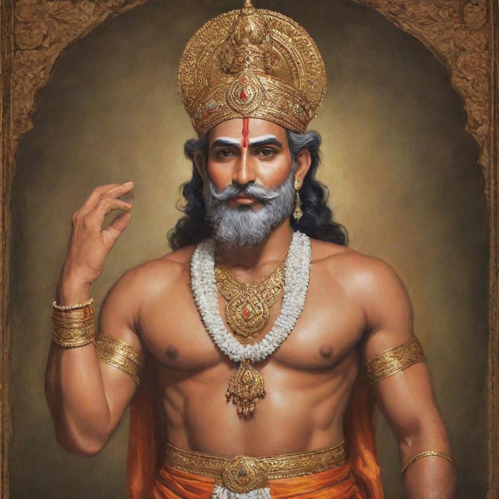 A reverent rendition of Lord Ram, the mythological figure, depicted with a stately beard, adorned in his traditional attire with a bow in hand.