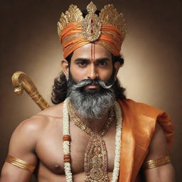 A reverent rendition of Lord Ram, the mythological figure, depicted with a stately beard, adorned in his traditional attire with a bow in hand.