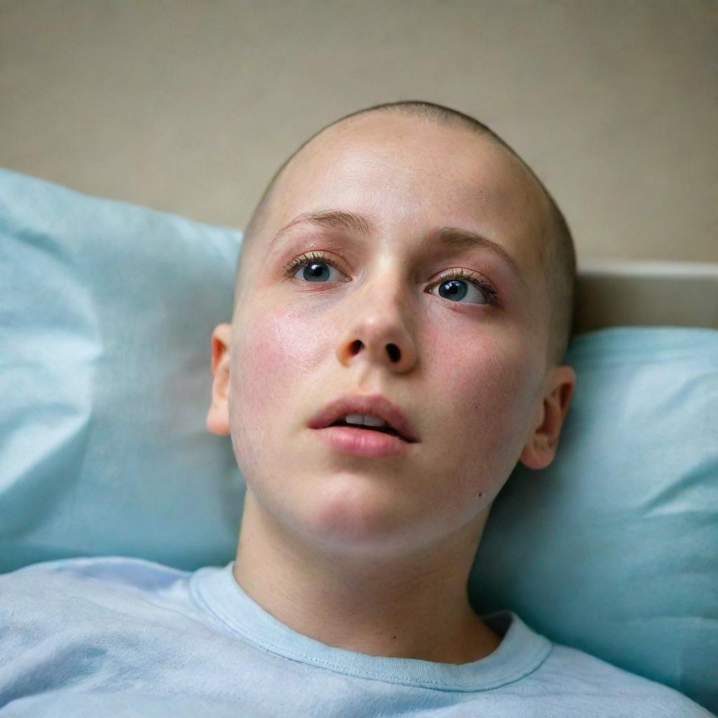 A young bald girl lying sick in a hospital bed, looking upwards at the ceiling with a sad expression.