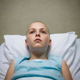 A young bald girl lying sick in a hospital bed, looking upwards at the ceiling with a sad expression.