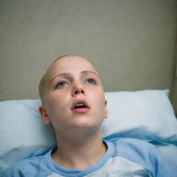 A young bald girl lying sick in a hospital bed, looking upwards at the ceiling with a sad expression.