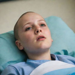 A young bald girl lying sick in a hospital bed, looking upwards at the ceiling with a sad expression.