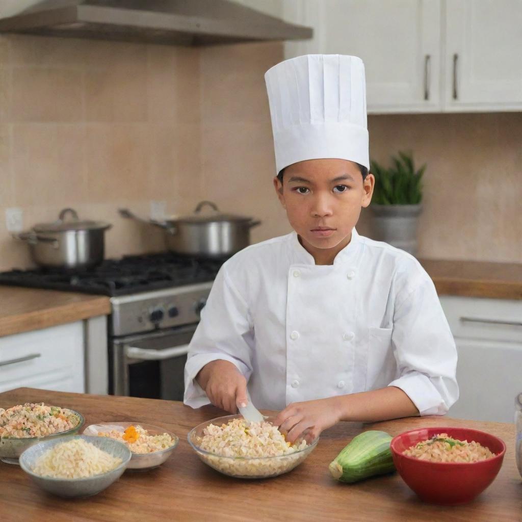 A novice young chef in a home kitchen, looking puzzled over cooking utensils and ingredients for making fried rice.