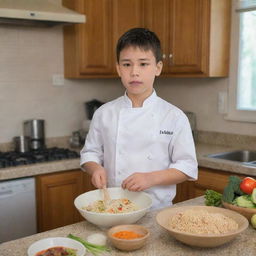 A novice young chef in a home kitchen, looking puzzled over cooking utensils and ingredients for making fried rice.