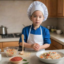 A novice young chef in a home kitchen, looking puzzled over cooking utensils and ingredients for making fried rice.