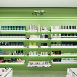 Bright and modern cosmetic shop design with green color accents, wall-to-wall shelves filled with various beauty products.