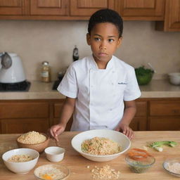 A novice young chef in a home kitchen, looking puzzled over cooking utensils and ingredients for making fried rice.