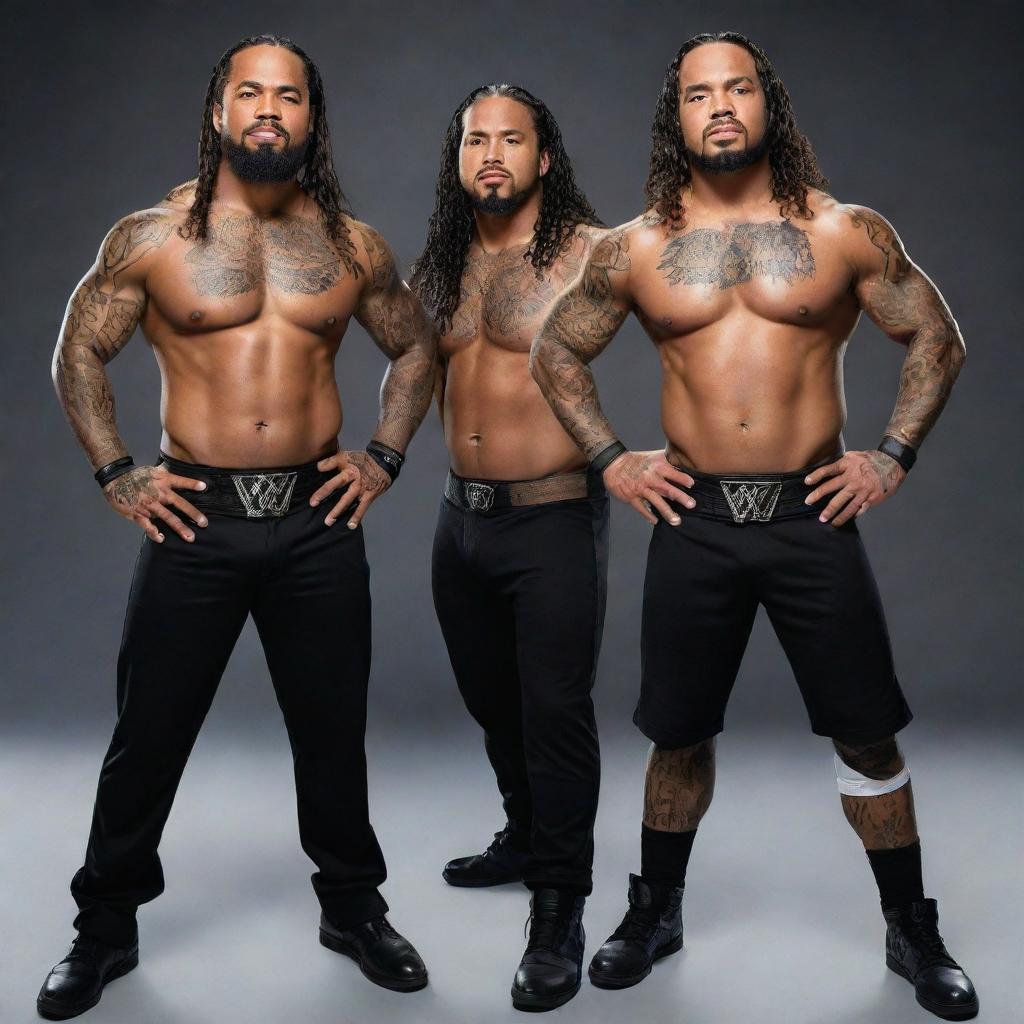 High-quality and striking photograph of WWE Superstars, The Usos, in their signature ring attire, posing powerfully