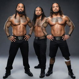 High-quality and striking photograph of WWE Superstars, The Usos, in their signature ring attire, posing powerfully