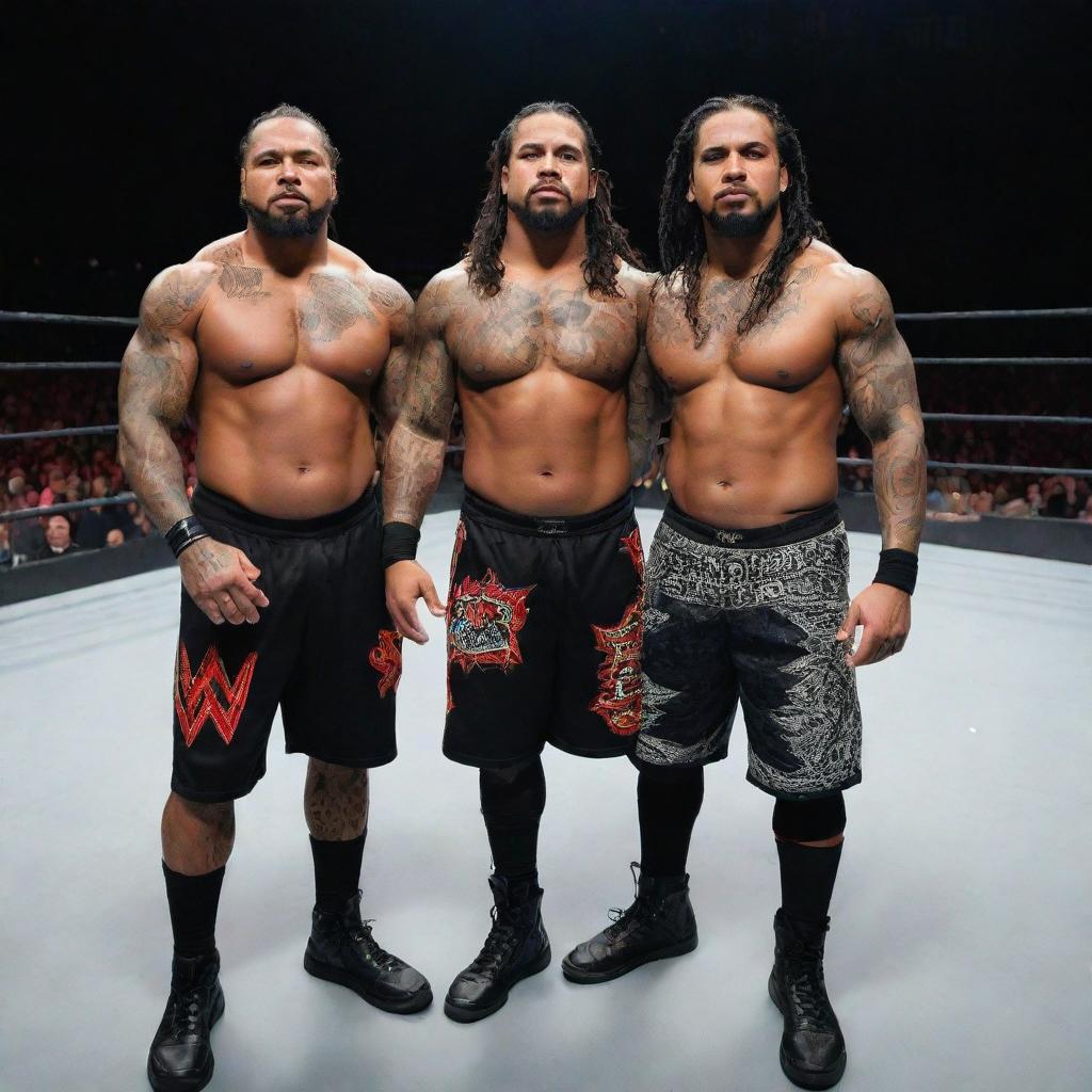 High-quality and striking photograph of WWE Superstars, The Usos, in their signature ring attire, posing powerfully