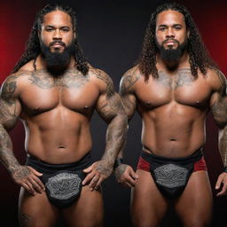 High-quality and striking photograph of WWE Superstars, The Usos, in their signature ring attire, posing powerfully