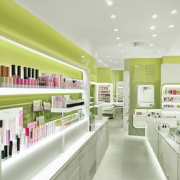 Bright and modern cosmetic shop design with green color accents, wall-to-wall shelves filled with various beauty products.