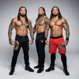 High-quality and striking photograph of WWE Superstars, The Usos, in their signature ring attire, posing powerfully