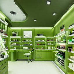 Bright and modern cosmetic shop design with green color accents, wall-to-wall shelves filled with various beauty products.