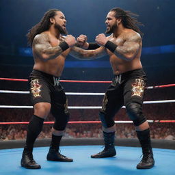 Create an energetic portrayal of WWE Superstars, The Usos, in their wrestling attire, performing in an electrifying wrestling ring