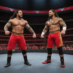 Create an energetic portrayal of WWE Superstars, The Usos, in their wrestling attire, performing in an electrifying wrestling ring