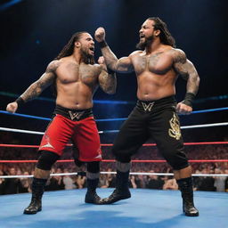 Create an energetic portrayal of WWE Superstars, The Usos, in their wrestling attire, performing in an electrifying wrestling ring