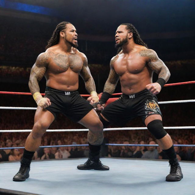 Create an energetic portrayal of WWE Superstars, The Usos, in their wrestling attire, performing in an electrifying wrestling ring