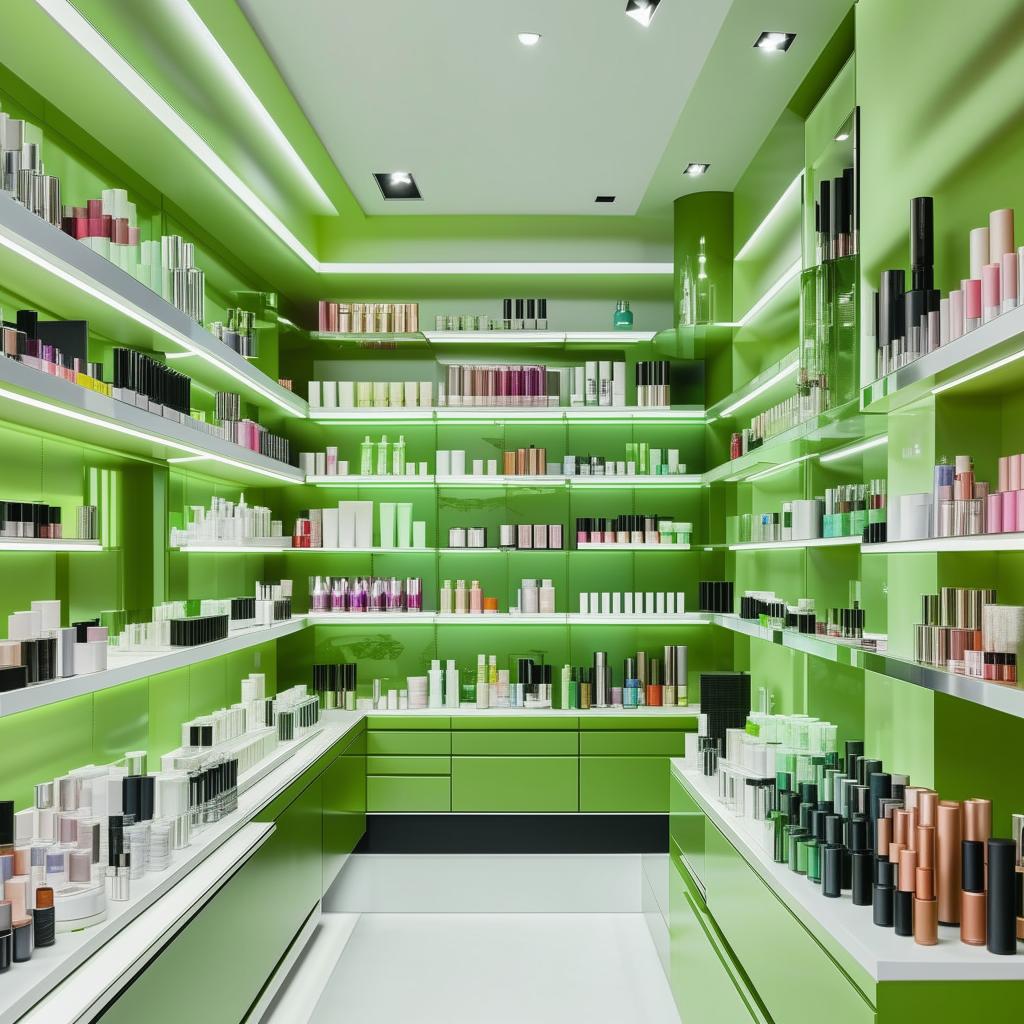 Bright and modern cosmetic shop design with green color accents, wall-to-wall shelves filled with various beauty products.