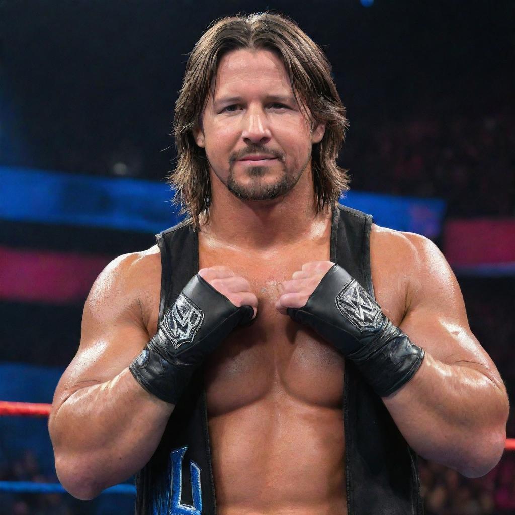 WWE superstar AJ Styles in an iconic wrestling pose wearing his signature ring attire with a vivid, action-packed background