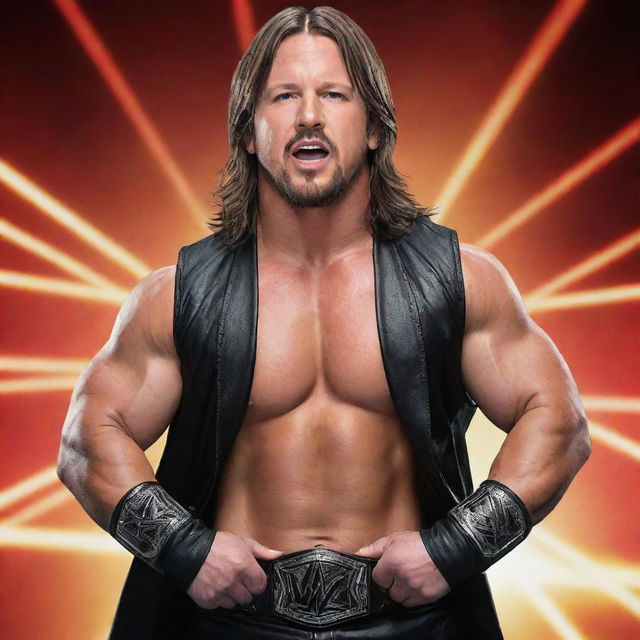 WWE superstar AJ Styles in an iconic wrestling pose wearing his signature ring attire with a vivid, action-packed background