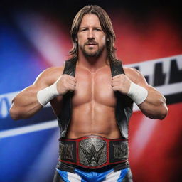 WWE superstar AJ Styles in an iconic wrestling pose wearing his signature ring attire with a vivid, action-packed background