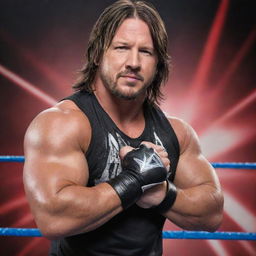 WWE superstar AJ Styles in an iconic wrestling pose wearing his signature ring attire with a vivid, action-packed background