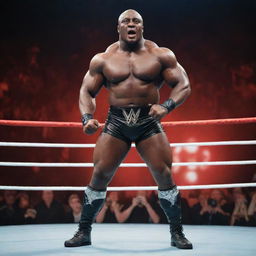 Generate a high-resolution, action-packed image of the WWE superstar Bobby Lashley, posing in his wrestling costume, against a backdrop bursting with audience cheering and bright spotlights.