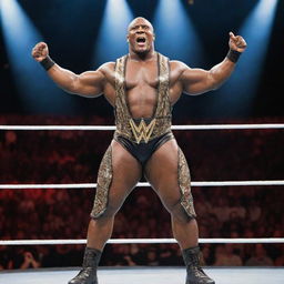 Generate a high-resolution, action-packed image of the WWE superstar Bobby Lashley, posing in his wrestling costume, against a backdrop bursting with audience cheering and bright spotlights.