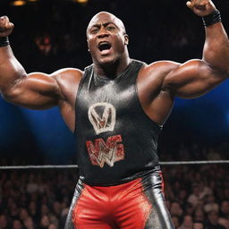 Generate a high-resolution, action-packed image of the WWE superstar Bobby Lashley, posing in his wrestling costume, against a backdrop bursting with audience cheering and bright spotlights.