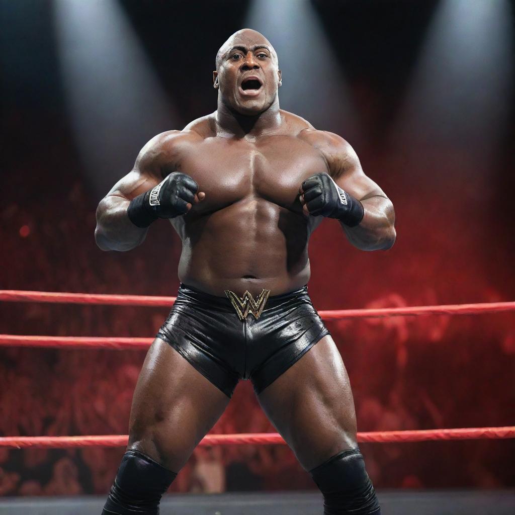 Generate a high-resolution, action-packed image of the WWE superstar Bobby Lashley, posing in his wrestling costume, against a backdrop bursting with audience cheering and bright spotlights.