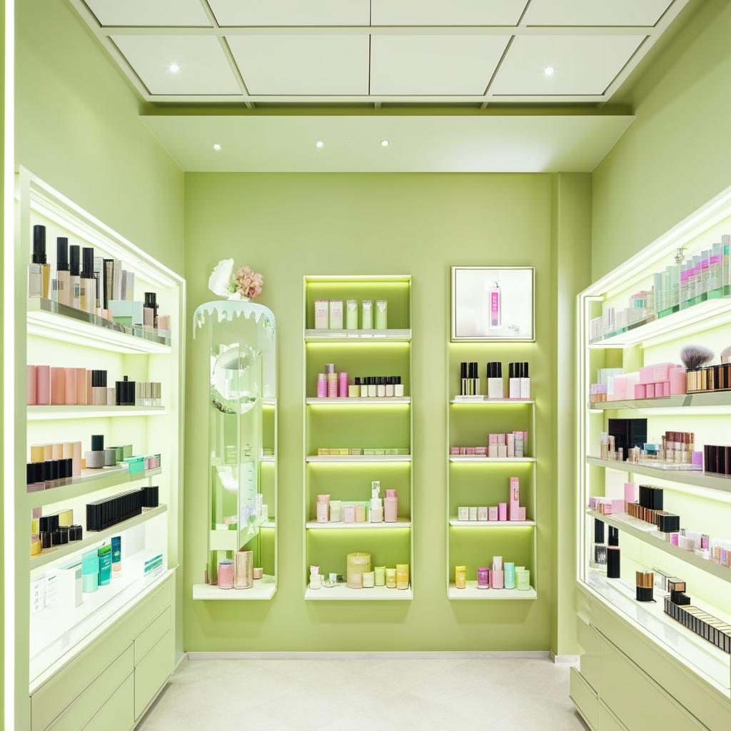 A fresh, light green-themed cosmetic shop interior, with pastel toned shelves showcasing a variety of skincare and makeup products.