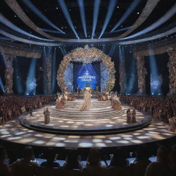 A large, grand stage meant for the Miss Universe competition, adorned with luxurious furnishings, an impressive runway, and glimmering lights. The backdrop features symbols of various nations, with an audience area full of happening and eager faces.