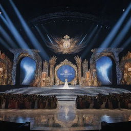 A large, grand stage meant for the Miss Universe competition, adorned with luxurious furnishings, an impressive runway, and glimmering lights. The backdrop features symbols of various nations, with an audience area full of happening and eager faces.